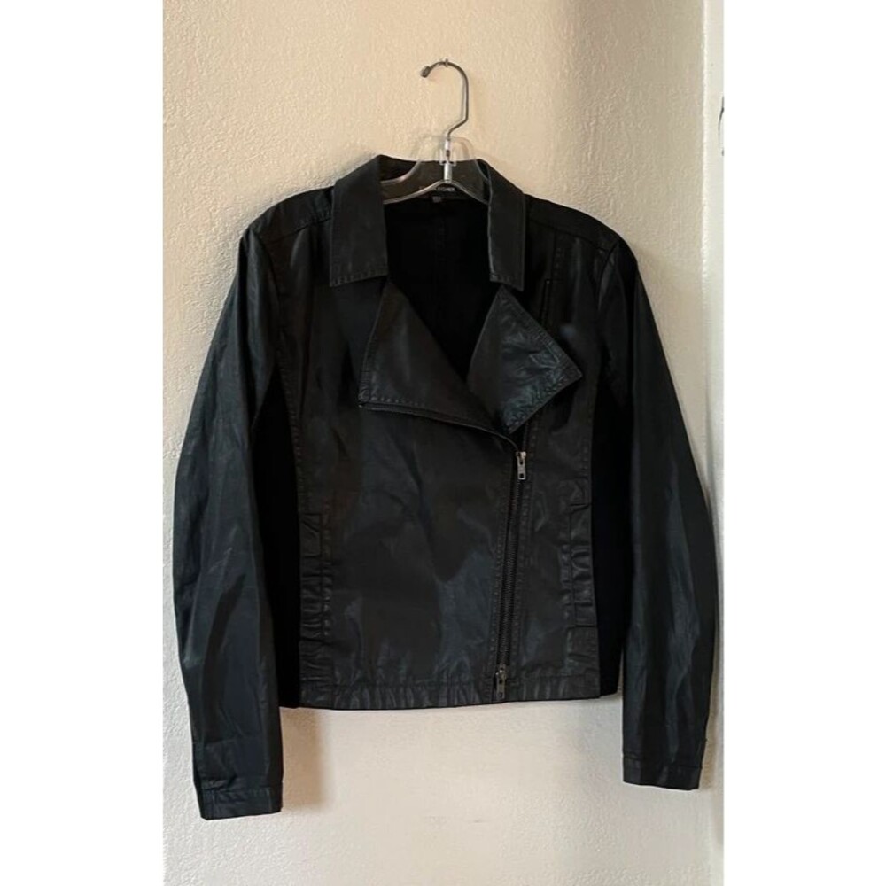 Eileen Fisher Waxed Cotton Italian Fabric Black Moto Jacket
